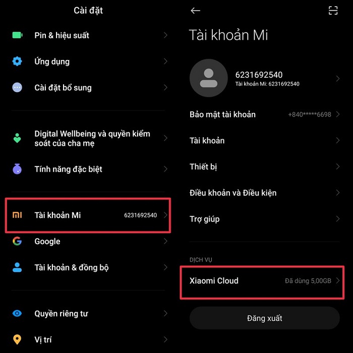 Truy cập vào phần tài khoản Mi và chọn Xiaomi Cloud