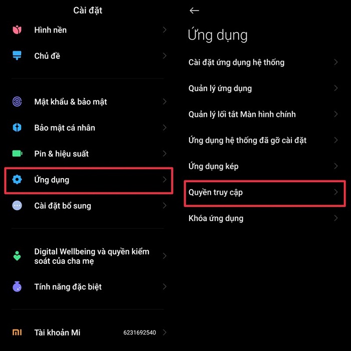 Chọn mục Quyền truy cập trong mục Ứng dụng