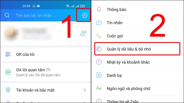 Nhấn chọn Quản lý dữ liệu & bộ nhớ trong mục Cài đặt