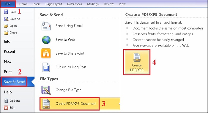 Chọn Create PDF/XPS trong mục Creat PDF/XPS Document