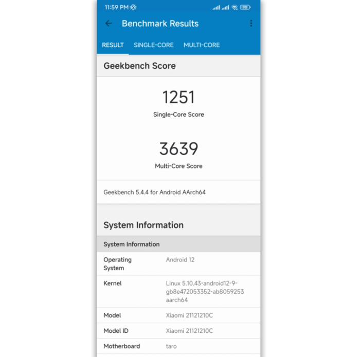 Đối với Geekbench 5, chiếc điện thoại này đạt 1251 điểm đơn nhân và 3639 điểm đa nhân