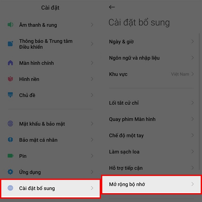 Chọn Mở rộng bộ nhớ