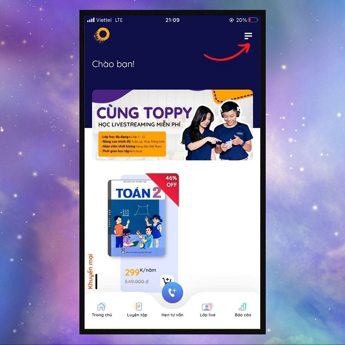 Mở ứng dụng lên, tại giao diện chính bạn bấm vào biểu tượng như hình
