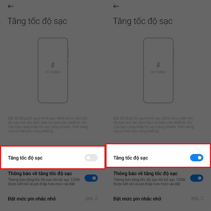 Bật công tắc ở mục Tăng tốc độ sạc lên là xong