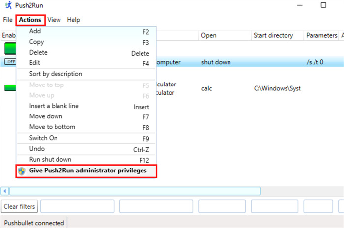 Chọn Tab Actions > Give Push2Run administrator privileges