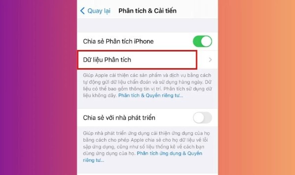 Chọn phần Dữ liệu phân tích