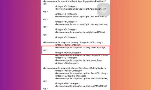 Tìm dòng chứa thông tin com.apple.snapshot.battery.maxCapacity