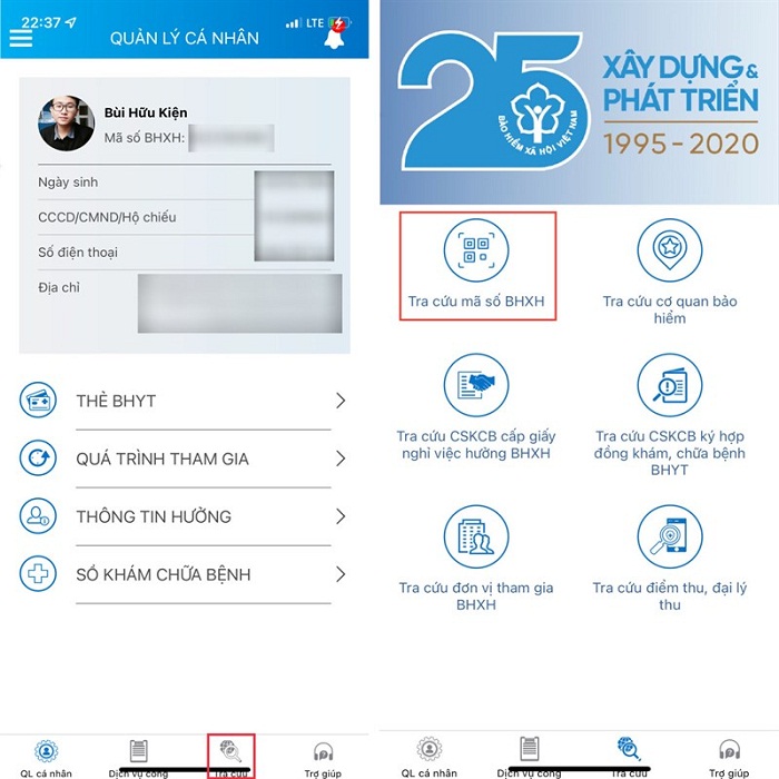 Bấm chọn mục Tra cứu mã số BHXH trong mục Tra cứu
