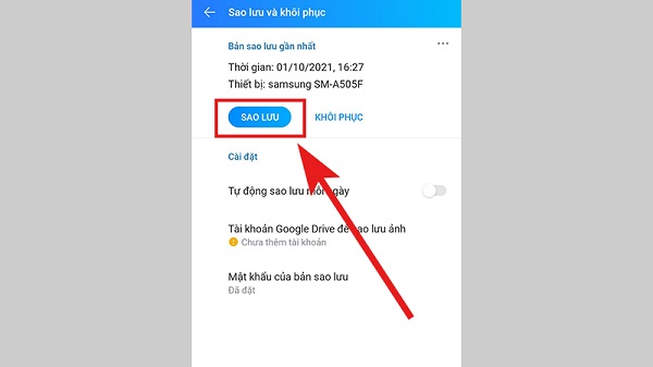 Chọn mục Sao lưu dữ liệu