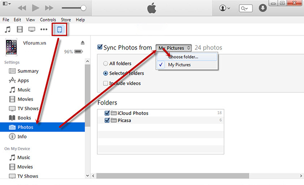 Cách dùng iTunes để chuyển ảnh