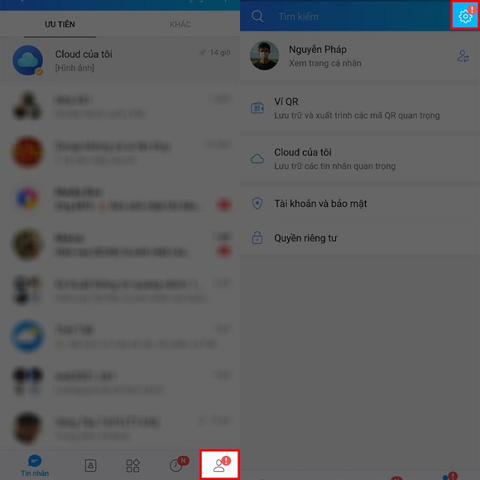 Bấm vào biểu tượng cá nhân rồi chọn biểu tượng Cài đặt