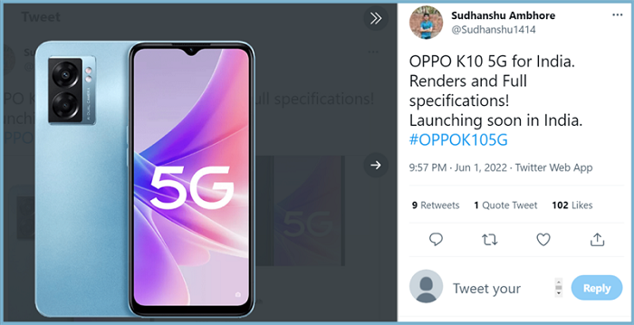 Hình ảnh reder của OPPO K10 5G tại Ấn Độ được chia sẻ trên bài đăng của một leaker