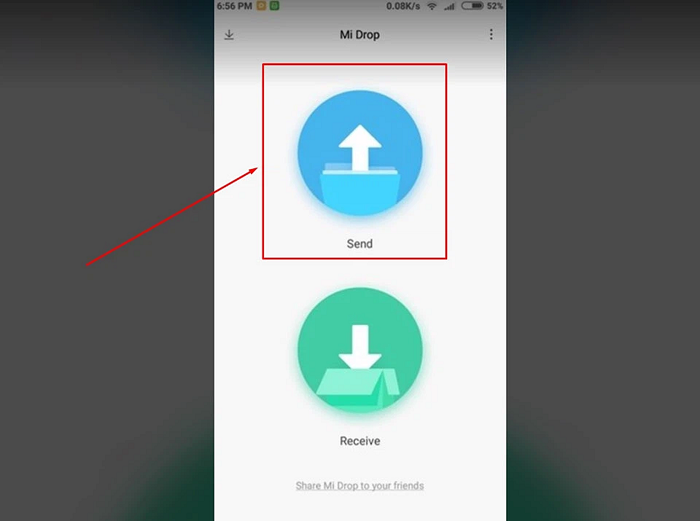 Mở ứng dụng Mi Drop trên hai thiết bị và chọn nút Send trên thiết bị gửi dữ liệu