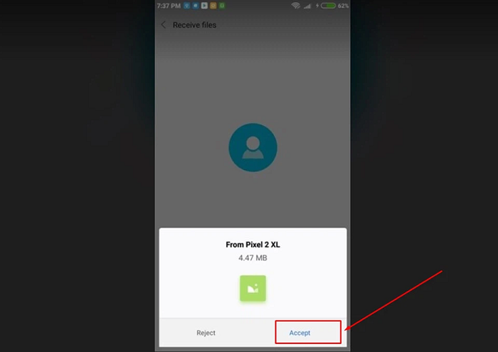 Nhấn vào nút Accept để nhận dữ liệu hoặc Reject để từ chối nhận dữ liệu