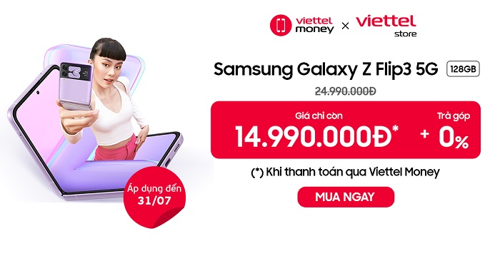 Samsung Galaxy Z Flip3 5G 128GB giá chỉ còn 14.990.000đ khi thanh toán qua Viettel Money tại Viettel Store