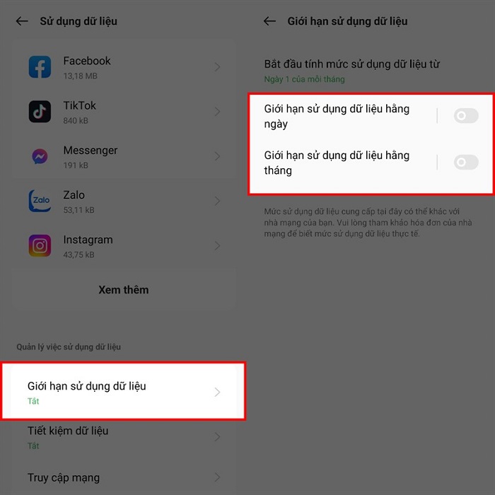 Cách giới hạn dữ liệu trên điện thoại OPPO