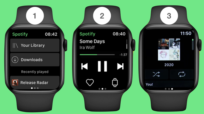 Giao diện Spotify trên Apple Watch có 3 màn hình tương tác