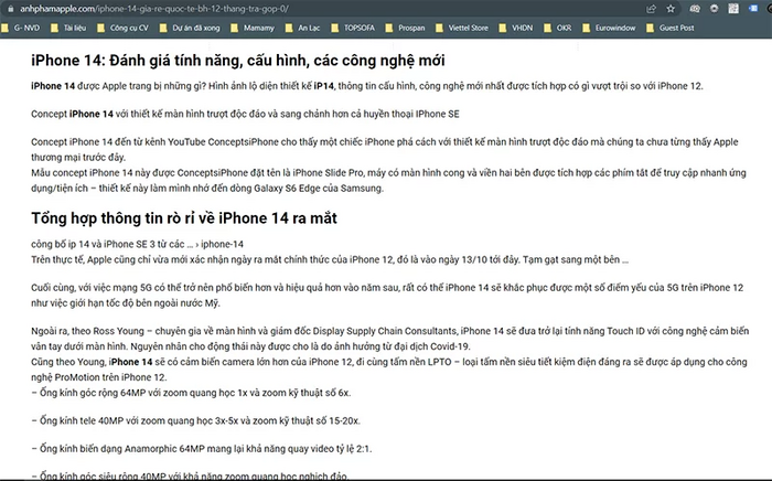 Hình 2: Kéo xuống dưới mới phát hiện chỉ là thông tin mô tả về iPhone 14 vì thực chất iPhone 14 chưa ra mắt