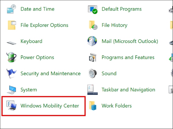 Bật đèn keyboard vị Windows Mobility Center