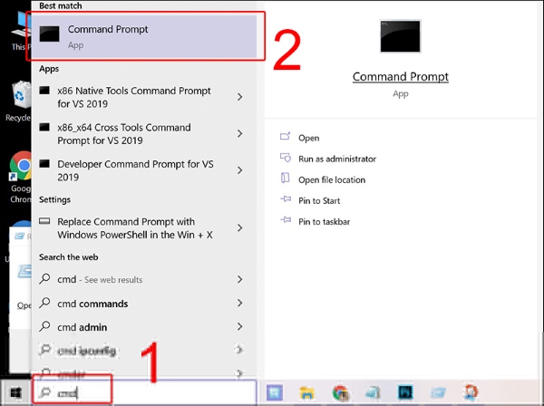 Sử dụng nút Start để mở Command prompt