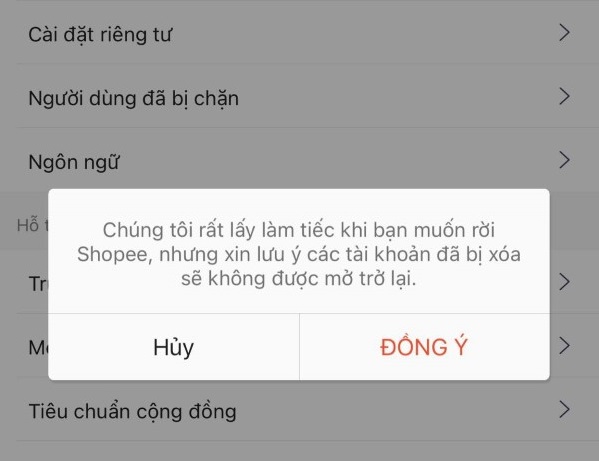 xóa tài khoản Shopee