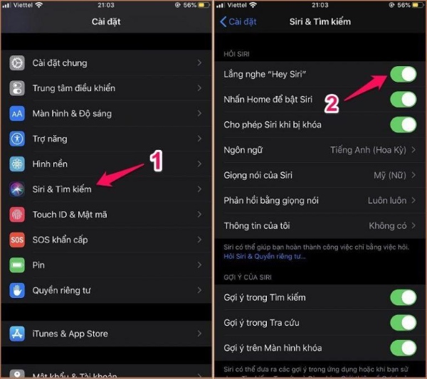 Mở tính năng “Lắng nghe Hey Siri”