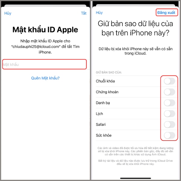 Không đăng xuất được icloud