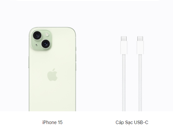 iPhone 15 Xanh lá sẽ đi kèm với cáp sạc USB-C khi mở hộp 