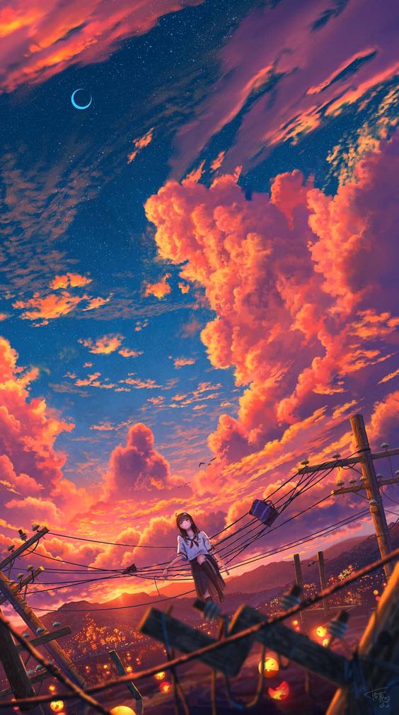 Hình nền phim phim hoạt hình anime kỳ ảo với quang cảnh khung trời nhuộm sắc cam