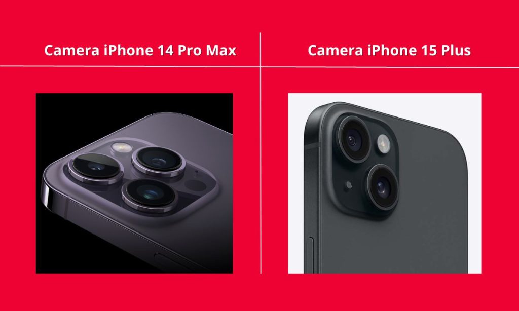 Sự khác biệt về số lượng và cách sắp xếp camera sau trên iPhone 15 Plus và 14 Pro Max