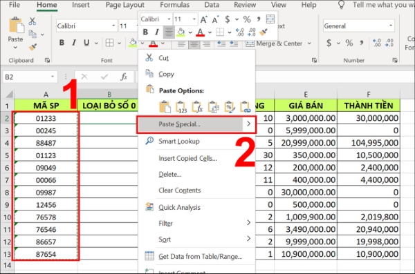 Copy vùng dữ liệu sau đó nhấn chuột phải chọn Paste Special…