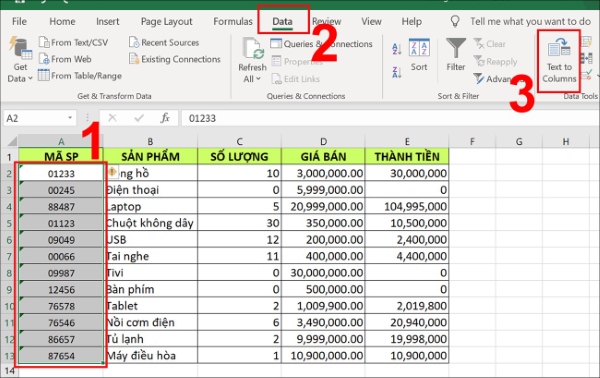 Bôi đen vùng dữ liệu và chọn Text to Columns