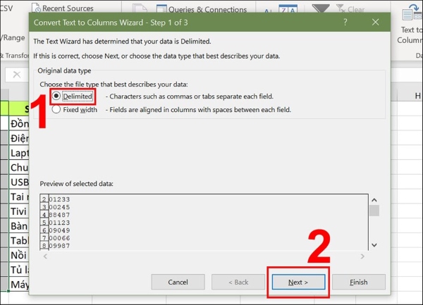 Tích chọn Delimited sau đó nhấn Next