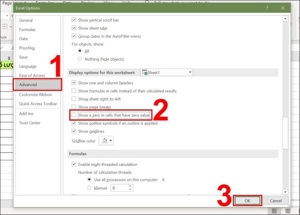 Bỏ dấu tích chọn Show a zero in cells that have zero value