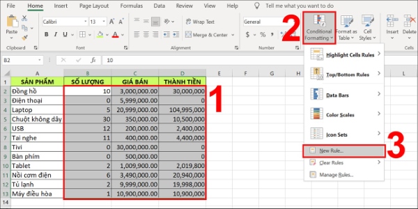  Trong tab Home chọn Conditional Formatting và chọn New Rule…