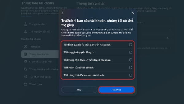 Chọn lý do muốn khóa tài khoản Facebook