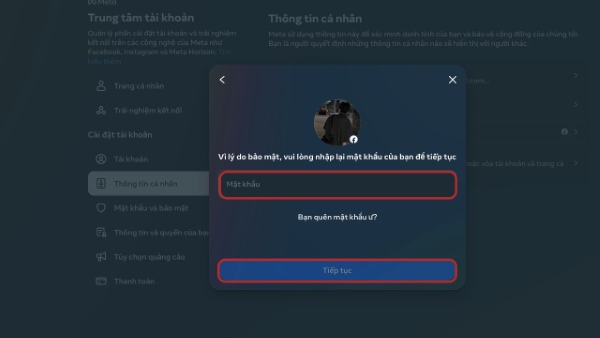 Nhập mật khẩu tài khoản Facebook