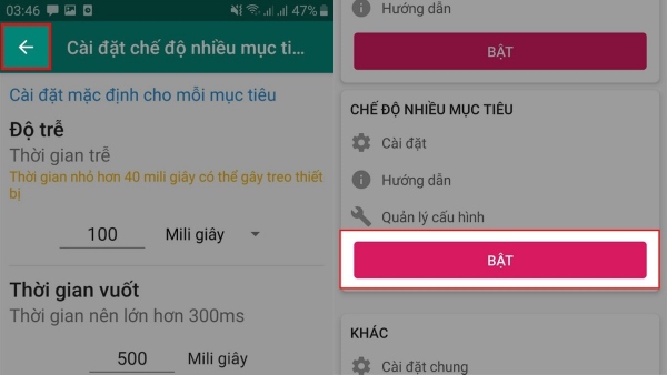 Chọn mũi tên ở góc trái trên và nhấn Bật