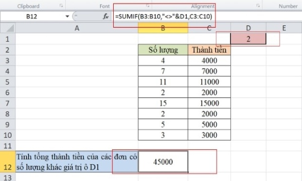 Công thức: =SUMIF(B3:B10, "<>"&D1, C3:C10)