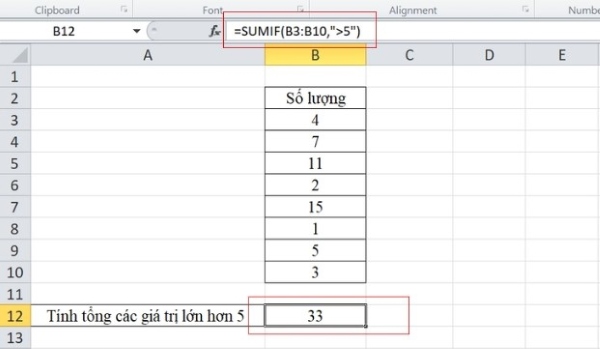 Công thức trên sẽ trả về tổng của các giá trị lớn hơn 5 trong phạm vi ô B3