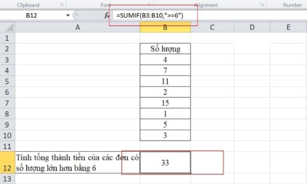 Công thức này sẽ tính tổng các giá trị trong ô B3 mà lớn hơn hoặc bằng 6