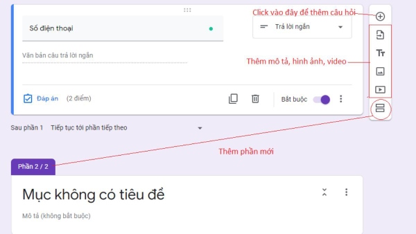 Sử dụng biểu tượng dấu cộng để thêm câu hỏi