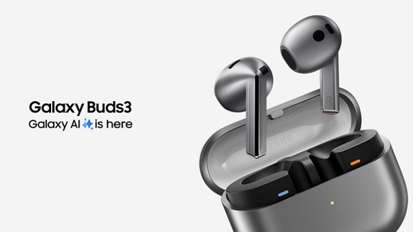 A close-up of a silver earbuds
Description automatically generated