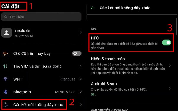 Bật tính năng NFC.