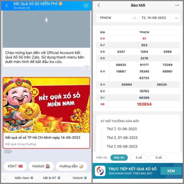 Nhấn vào đường link kết quả trúng được gửi đến