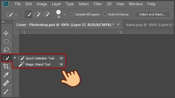 Nhấn và giữ công cụ Quick Selection Tool 