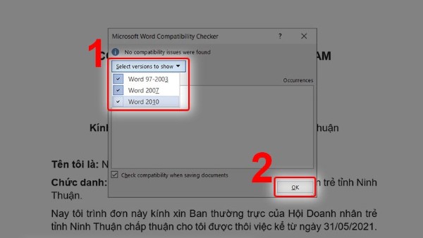 Chọn Select Version to Show, chọn phiên bản Word, và nhấn OK