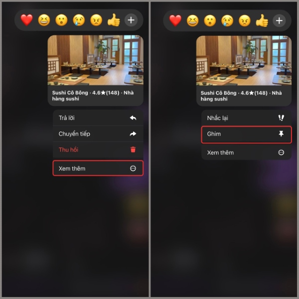 Chọn mục "Xem thêm" và "Ghim tin nhắn"