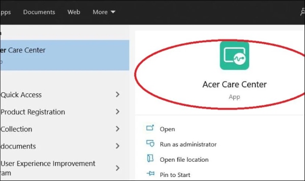 Truy cập menu Start và tìm ứng dụng Acer Care Center