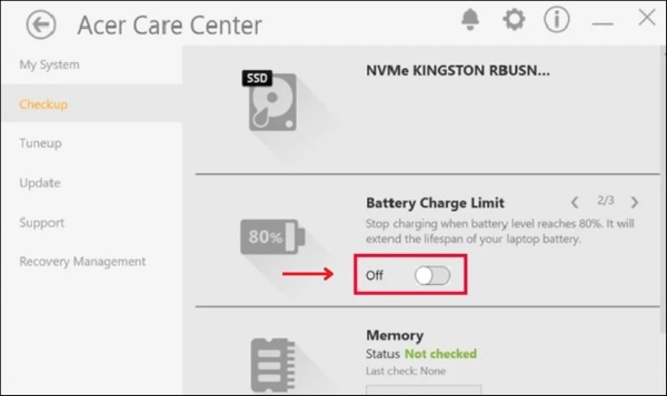 Tìm và chọn Battery Charge Limit